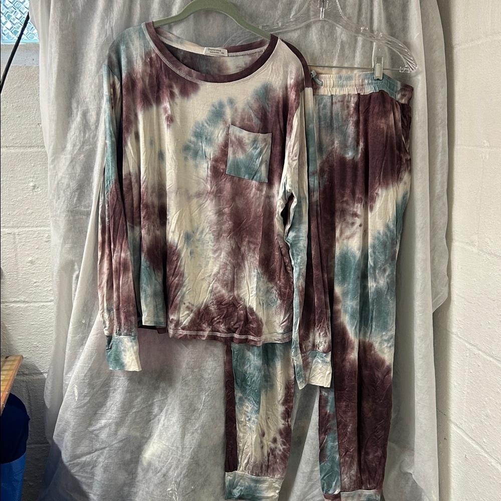 womens plus size XXL Tie-Dye Long Sleeve Pajama/lounge Set - Teal